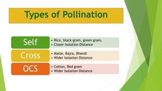 Types of Pollination
• Rice, black gram, green gram,
• Closer Isolation DistanceSelf
• Maize, Bajra, Bhendi
• Wider Isolation DistanceCross
• Cotton, Red gram
• Wider Isolation DistanceOCS
 