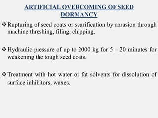 ARTIFICIAL OVERCOMING OF SEED
DORMANCY
Rupturing of seed coats or scarification by abrasion through
machine threshing, filing, chipping.
Hydraulic pressure of up to 2000 kg for 5 – 20 minutes for
weakening the tough seed coats.
Treatment with hot water or fat solvents for dissolution of
surface inhibitors, waxes.
 