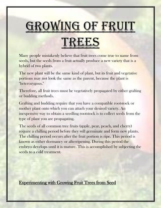 Growing of fruit
trees
Many people mistakenly believe that fruit trees come true to name from
seeds, but the seeds from a fruit actually produce a new variety that is a
hybrid of two plants.
The new plant will be the same kind of plant, but its fruit and vegetative
portions may not look the same as the parent, because the plant is
"heterozygous."
Therefore, all fruit trees must be vegetatively propagated by either grafting
or budding methods.
Grafting and budding require that you have a compatible rootstock or
mother plant onto which you can attach your desired variety. An
inexpensive way to obtain a seedling rootstock is to collect seeds from the
type of plant you are propagating.
The seeds of all common tree fruits (apple, pear, peach, and cherry)
require a chilling period before they will germinate and form new plants.
The chilling period occurs after the fruit portion is ripe. This period is
known as either dormancy or afterripening. During this period the
embryo develops until it is mature. This is accomplished by subjecting the
seeds to a cold treatment.
Experimenting with Growing Fruit Trees from Seed
 