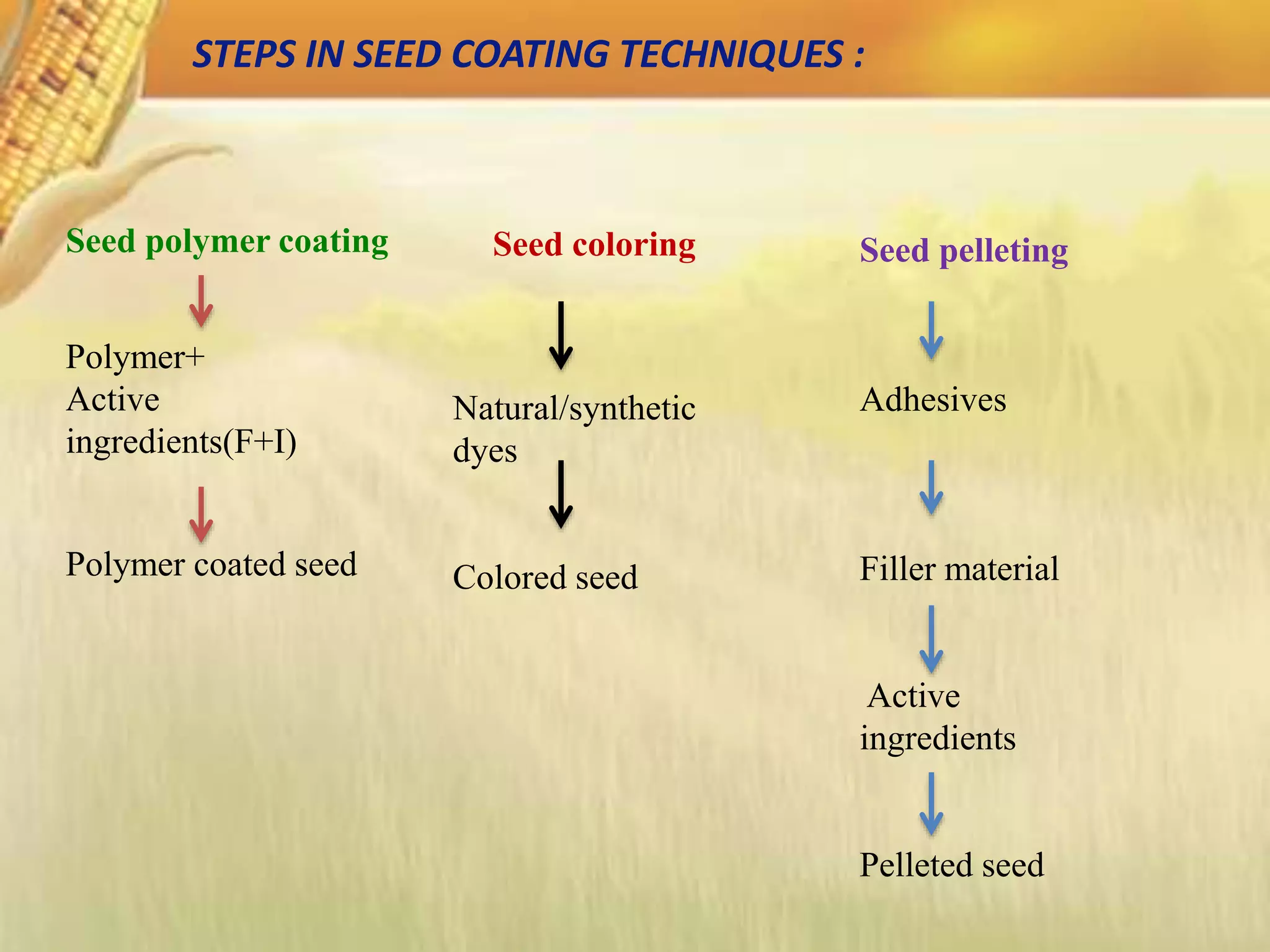 STEPS IN SEED COATING TECHNIQUES :
Seed polymer coating
Polymer+
Active
ingredients(F+I)
Polymer coated seed
Seed coloring
Natural/synthetic
dyes
Colored seed
Seed pelleting
Adhesives
Filler material
Active
ingredients
Pelleted seed
 