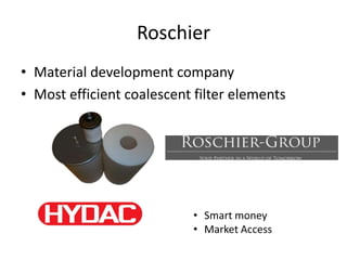 Roschier
• Material development company
• Most efficient coalescent filter elements




                            • Smart money
                            • Market Access
 