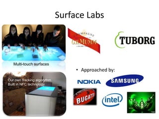 Surface Labs



       Multi-touch surfaces
                                      • Approached by:
•   Our own tracking algorythm
•   Built in NFC technology
 