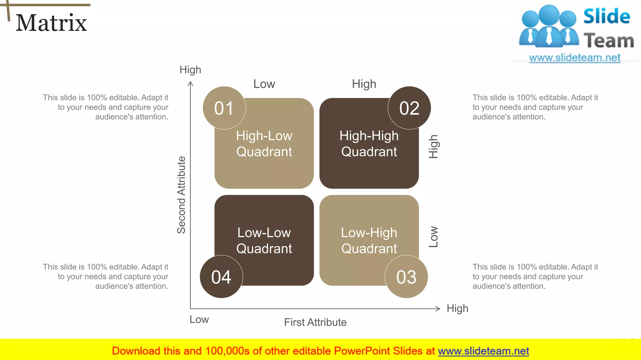 Matrix
58
Low
High-Low
Quadrant
High-High
Quadrant
Low-High
Quadrant
Low-Low
Quadrant
01 02
04 03
Low High
LowHigh
First Attribute
SecondAttribute
High
High
This slide is 100% editable. Adapt it
to your needs and capture your
audience's attention.
This slide is 100% editable. Adapt it
to your needs and capture your
audience's attention.
This slide is 100% editable. Adapt it
to your needs and capture your
audience's attention.
This slide is 100% editable. Adapt it
to your needs and capture your
audience's attention.
 