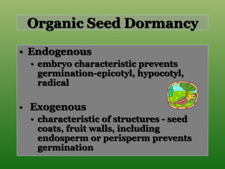 Organic Seed Dormancy
• Endogenous
• embryo characteristic prevents
germination-epicotyl, hypocotyl,
radical
• Exogenous
• characteristic of structures - seed
coats, fruit walls, including
endosperm or perisperm prevents
germination
 