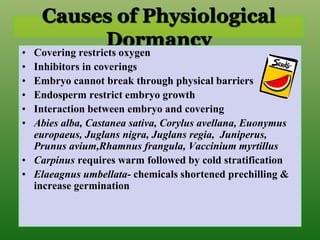 Causes of Physiological
Dormancy
• Covering restricts oxygen
• Inhibitors in coverings
• Embryo cannot break through physical barriers
• Endosperm restrict embryo growth
• Interaction between embryo and covering
• Abies alba, Castanea sativa, Corylus avellana, Euonymus
europaeus, Juglans nigra, Juglans regia, Juniperus,
Prunus avium,Rhamnus frangula, Vaccinium myrtillus
• Carpinus requires warm followed by cold stratification
• Elaeagnus umbellata- chemicals shortened prechilling &
increase germination
 