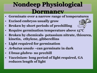 Nondeep Physiological
Dormancy
• Germinate over a narrow range of temperatures
• Excised embryos usually grow
• Broken by short periods of prechilling
• Require germination temperature above 15°C
• Broken by chemicals- potassium nitrate, thiourea,
kinetin, ethylene, gibberellins
• Light required for germination
• Arbutus unedo –can germinate in dark
• Ulmus glabra- no prechill
• Vaccinium- long period of light required, GA
reduces length of light
 