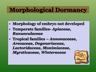 Morphological Dormancy
• Morphology of embryo not developed
• Temperate families- Apiaceae,
Ranunculaceae
• Tropical families – Annonacease,
Arecaceae, Degeneriaceae,
Lactoridaceae, Monimiaceae,
Myrsticaceae, Winteraceae
 