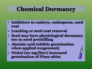 Chemical Dormancy
• Inhibitors in embryo, endosperm, seed
coat
• Leaching or seed coat removal
• Seed may have physiological dormancy
too so need prechilling
• Abscisic acid inhibits germination
when applied exogenously
• Nickel (20 mg/liter) increased
germination of Picea abies
 