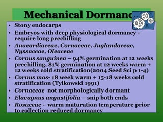 Mechanical Dormancy
• Stony endocarps
• Embryos with deep physiological dormancy -
require long prechilling
• Anacardiaceae, Cornaceae, Juglandaceae,
Nyssaceae, Oleaceae
• Cornus sanguinea – 94% germination at 12 weeks
prechilling, 81% germination at 12 weeks warm +
12 weeks cold stratification(2004 Seed Sci p 1-4)
• Cornus mas- 18 week warm + 15-18 weeks cold
stratification (Tylkowski 1991)
• Cornaceae not morphologically dormant
• Elaeagnus angustifolia – snip both ends
• Rosaceae - warm maturation temperature prior
to collection reduced dormancy
 