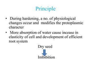 Principle
• During hardening, a no. of physiological
changes occur and modifies the protoplasmic
character
• More absorption of water cause incease in
elasticity of cell and development of efficient
root system
Dry seed
Imbibition
 