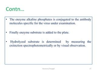 Contn…
• The enzyme alkaline phosphates is conjugated to the antibody
molecules specific for the virus under examination.
• Finally enzyme substrate is added to the plate.
• Hydrolyzed substrate is determined by measuring the
extinction spectrophotometrically or by visual observation.
27
Basavaraj Panjagal
 
