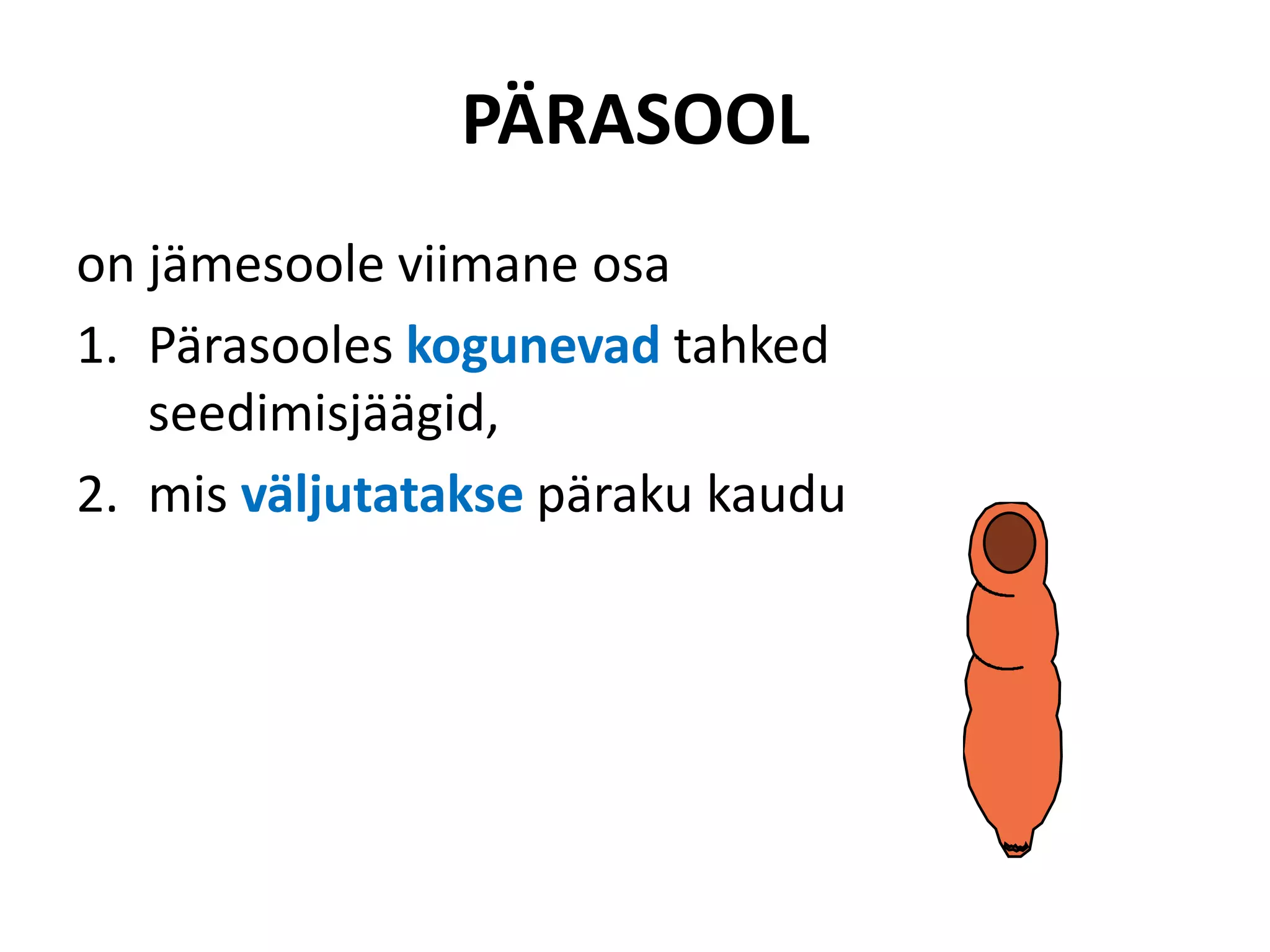 PÄRASOOL
on jämesoole viimane osa
1. Pärasooles kogunevad tahked
   seedimisjäägid,
2. mis väljutatakse päraku kaudu
 