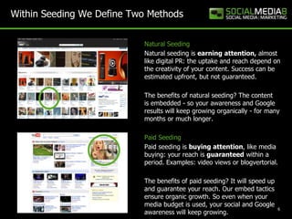 Within Seeding We Define Two Methods

                           Natural Seeding
                           Natural seeding is earning attention, almost
                           like digital PR: the uptake and reach depend on
                           the creativity of your content. Success can be
                           estimated upfront, but not guaranteed.

                           The benefits of natural seeding? The content
                           is embedded - so your awareness and Google
                           results will keep growing organically - for many
                           months or much longer.

                           Paid Seeding
                           Paid seeding is buying attention, like media
                           buying: your reach is guaranteed within a
                           period. Examples: video views or blogvertorial.

                           The benefits of paid seeding? It will speed up
                           and guarantee your reach. Our embed tactics
                           ensure organic growth. So even when your
                           media budget is used, your social and Google
                                                                            6
                           awareness will keep growing.
 