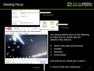 Seeding Focus


                           Conversation




                                                Advocacy


                                   Our seeding efforts focus on the following
                                   to make sure our clients gets the
                                   attention they deserve:

                                   0.     Smart meta data and keywords
                                   1.     Eyeballs
                                   2.     Advocacy
                                   3.     Conversation

                                   And what do our clients get in return?


                Eyeballs           4. Proof of ROI with ViralTracker            9
 
