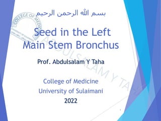 ‫الرحيم‬ ‫الرحمن‬ ‫هللا‬ ‫بسم‬
Seed in the Left
Main Stem Bronchus
Prof. Abdulsalam Y Taha
College of Medicine
University of Sulaimani
2022
1
 