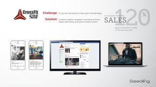 against the same months
of the previous year
120SALES
Increased monthly %Challenge:
Solution:
To quickly and easily increase gym memberships
Created a digital campaign consisting of email,
digital advertising, and social media content.
CrossFit
 