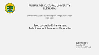 PUNJAB AGRICULTURAL UNIVERSITY
LUDHIANA
Seed Production Technology of Vegetable Crops
(Veg 506)
Seed Longevity Enhancement
Techniques in Solanaceous Vegetables
Submitted By:
Anusha KR
L -2019-H-205-M
 