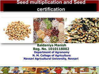 Seed multiplication and Seed
certification
Baldaniya Manish
Reg. No. 1010118002
Department of Agronomy
N. M. College of Agriculture
Navsari Agricultural University, Navsari
 
