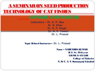 A SEMINAR ON SEED PRODUCTION 
TECHNOLOGY OF CAT FISHES 
(SINGHI AND MAGUR) 
Instructors – Dr. A. P. Rao 
Dr. S. Khan 
Dr. S. P. Singh 
Dr. N. P. Tewari 
Dr. L. Prasad 
Topic Related Instructor – Dr. L. Prasad 
Name – NARENDRA KUMAR 
B. F. Sc. IVth year 
I.D.NO. F-4314/08 
College of Fisheries 
N. D. U. A. T. Kumarganj Faizabad 
 