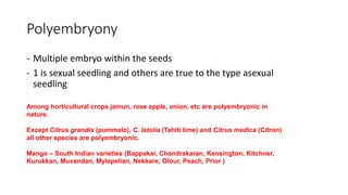 Polyembryony
- Multiple embryo within the seeds
- 1 is sexual seedling and others are true to the type asexual
seedling
Among horticultural crops jamun, rose apple, onion, etc are polyembryonic in
nature.
Except Citrus grandis (pummelo), C. latolia (Tahiti lime) and Citrus medica (Citron)
all other species are polyembryonic.
Mango – South Indian varieties (Bappakai, Chandrakaran, Kensington, Kitchner,
Kurukkan, Muvandan, Mylepelian, Nekkare, Olour, Peach, Prior )
 