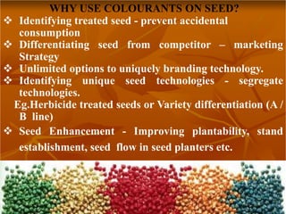 WHY USE COLOURANTS ON SEED?
 Identifying treated seed - prevent accidental
consumption
 Differentiating seed from competitor – marketing
Strategy
 Unlimited options to uniquely branding technology.
 Identifying unique seed technologies - segregate
technologies.
Eg.Herbicide treated seeds or Variety differentiation (A /
B line)
 Seed Enhancement - Improving plantability, stand
establishment, seed flow in seed planters etc.
 