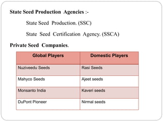 State Seed Production Agencies :-
State Seed Production. (SSC)
State Seed Certification Agency. (SSCA)
Private Seed Companies.
Global Players Domestic Players
Nuziveedu Seeds Rasi Seeds
Mahyco Seeds Ajeet seeds
Monsanto India Kaveri seeds
DuPont Pioneer Nirmal seeds
 