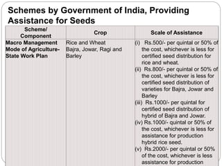 Scheme/
Component
Crop Scale of Assistance
Macro Management
Mode of Agriculture-
State Work Plan
Rice and Wheat
Bajra, Jowar, Ragi and
Barley
(i) Rs.500/- per quintal or 50% of
the cost, whichever is less for
certified seed distribution for
rice and wheat.
(ii) Rs.800/- per quintal or 50% of
the cost, whichever is less for
certified seed distribution of
varieties for Bajra, Jowar and
Barley
(iii) Rs.1000/- per quintal for
certified seed distribution of
hybrid of Bajra and Jowar.
(iv) Rs.1000/- quintal or 50% of
the cost, whichever is less for
assistance for production
hybrid rice seed.
(v) Rs.2000/- per quintal or 50%
of the cost, whichever is less
assistance for production
Schemes by Government of India, Providing
Assistance for Seeds
 
