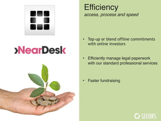 Efficiency!
access, process and speed
 
 
• Top-up or blend offline commitments
with online investors 
 
• Efficiently man...