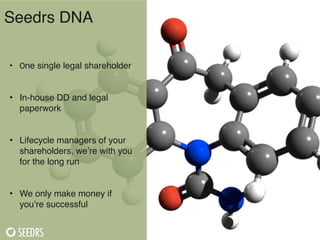 Seedrs DNA!
!
• One single legal shareholder!
!
• In-house DD and legal
paperwork!
!
• Lifecycle managers of your
sharehol...