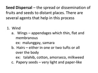 Seed Dispersal – the spread or dissemination of
fruits and seeds to distant places. There are
several agents that help in this process
1. Wind
a. Wings – appendages which thin, flat and
membranous
ex: malunggay, samara
b. Hairs – either in one or two tufts or all
over the body
ex: talahib, cotton, amorseco, milkweed
c. Papery seeds – very light and paper-like