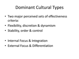 Dominant Cultural Types 
• Two major perceived sets of effectiveness 
criteria: 
• Flexibility, discretion & dynamism 
• Stability, order & control 
• Internal Focus & Integration 
• External Focus & Differentiation 
 