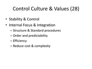 Control Culture & Values (28) 
• Stability & Control 
• Internal Focus & Integration 
– Structure & Standard procedures 
– Order and predictability 
– Efficiency 
– Reduce cost & complexity 
 