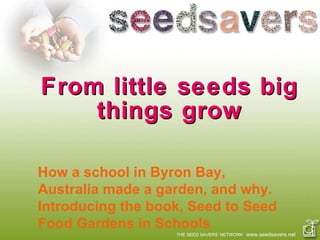 From little seeds big things grow THE SEED SAVERS’ NETWORK:  www.seedsavers.net How a school in Byron Bay, Australia made a garden, and why. Introducing the book, Seed to Seed Food Gardens in Schools 