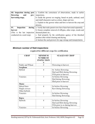 Reading	
  material,	
  SST	
  by	
  Dr.	
  Vishwanath	
  Koti,	
  Asst.	
  Professor,	
  UAS,	
  GKVK,	
  Bangalore-­‐65	
   Page	
  32	
  
	
  
III. Inspection during post
flowering and pre-
harvesting stage.
a. Confirm the correctness of observations, made in earlier
inspections.
b. Guide the grower on rouging, based on pods, earhead, seed
and chaff characters such as colour, shape and size.
c. Explain to the grower when and how to harvest the crop and
process.
IV. Inspection during
harvest
(This is the last inspection
conducted on a seed crop).
a. Verify that male parent rows have been harvested separately.
b. Ensure complete removal of offtypes, other crops, weeds and
diseased plants etc.,
c. Seal properly by the certification agency of the threshed
produce after initial cleaning and drying.
d. Instruct the seed growers for sage storage and transportation.
 