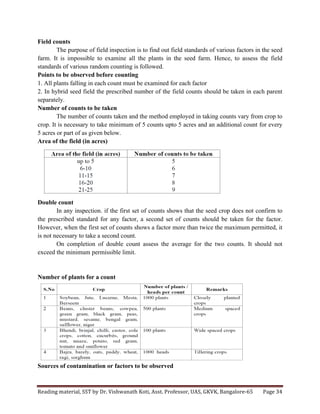 Reading	
  material,	
  SST	
  by	
  Dr.	
  Vishwanath	
  Koti,	
  Asst.	
  Professor,	
  UAS,	
  GKVK,	
  Bangalore-­‐65	
   Page	
  34	
  
	
  
Field counts
The purpose of field inspection is to find out field standards of various factors in the seed
farm. It is impossible to examine all the plants in the seed farm. Hence, to assess the field
standards of various random counting is followed.
Points to be observed before counting
1. All plants falling in each count must be examined for each factor
2. In hybrid seed field the prescribed number of the field counts should be taken in each parent
separately.
Number of counts to be taken
The number of counts taken and the method employed in taking counts vary from crop to
crop. It is necessary to take minimum of 5 counts upto 5 acres and an additional count for every
5 acres or part of as given below.
Area of the field (in acres)
Double count
In any inspection. if the first set of counts shows that the seed crop does not confirm to
the prescribed standard for any factor, a second set of counts should be taken for the factor.
However, when the first set of counts shows a factor more than twice the maximum permitted, it
is not necessary to take a second count.
On completion of double count assess the average for the two counts. It should not
exceed the minimum permissible limit.
Number of plants for a count
Sources of contamination or factors to be observed
 