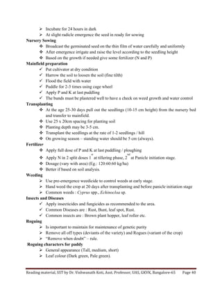 Reading	
  material,	
  SST	
  by	
  Dr.	
  Vishwanath	
  Koti,	
  Asst.	
  Professor,	
  UAS,	
  GKVK,	
  Bangalore-­‐65	
   Page	
  40	
  
	
  
Ø Incubate for 24 hours in dark
Ø At slight radicle emergence the seed in ready for sowing
Nursery Sowing
v Broadcast the germinated seed on the thin film of water carefully and uniformly
v After emergence irrigate and raise the level according to the seedling height
v Based on the growth if needed give some fertilizer (N and P)
Mainfield preparation
ü Put cultivator at dry condition
ü Harrow the soil to loosen the soil (fine tilth)
ü Flood the field with water
ü Puddle for 2-3 times using cage wheel
ü Apply P and K at last puddling
ü The bunds must be plastered well to have a check on weed growth and water control
Transplanting
v At the age 25-30 days pull out the seedlings (10-15 cm height) from the nursery bed
and transfer to mainfield.
v Use 25 x 20cm spacing for planting soil
v Planting depth may be 3-5 cm.
v Transplant the seedlings at the rate of 1-2 seedlings / hill
v On growing season – standing water should be 5 cm (always).
Fertilizer
v Apply full dose of P and K at last puddling / ploughing
v Apply N in 2 split doses 1
st
at tillering phase, 2
nd
at Panicle initiation stage.
v Dosage (vary with area) (Eg.: 120:60:60 kg/ha)
v Better if based on soil analysis.
Weeding
Ø Use pre-emergence weedicide to control weeds at early stage.
Ø Hand weed the crop at 20 days after transplanting and before panicle initiation stage
Ø Common weeds : Cyprus spp., Echinocloa sp.
Insects and Diseases
ü Apply insecticides and fungicides as recommended to the area.
ü Common Diseases are : Rust, Bunt, leaf spot, Rust.
ü Common insects are : Brown plant hopper, leaf roller etc.
Roguing
Ø Is important to maintain for maintenance of genetic purity
Ø Remove all off types (deviants of the variety) and Rogues (variant of the crop)
Ø “Remove when doubt” – rule.
Roguing characters for paddy
Ø General appearance (Tall, medium, short)
Ø Leaf colour (Dark green, Pale green).
 