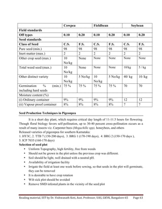 Reading	
  material,	
  SST	
  by	
  Dr.	
  Vishwanath	
  Koti,	
  Asst.	
  Professor,	
  UAS,	
  GKVK,	
  Bangalore-­‐65	
   Page	
  63	
  
	
  
Cowpea Fieldbean Soybean
Field standards
Off types 0.10 0.20 0.10 0.20 0.10 0.20
Seed standards
Class of Seed C.S. F.S. C.S. F.S. C.S. F.S.
Pure seed (min.) 98 98 98 98 98 98
Inert matter (max.) 2 2 2 2 2 2
Other crop seed (max.) 10
No/kg
None None None None None
Total weed seed (max.) 10
No/kg
None None None 10/kg 5 / kg
Other distinct variety 10
No/kg
5 No/kg 10
No/kg
5 No/kg 40/ kg 10 /kg
Germination % (min.)
including hard seeds
75 % 75 % 75 % 75 % 70 70
Moisture content (%)
(i) Ordinary container 9% 9% 9% 9% 12 12
(ii) Vapour proof container 8% 8% 8% 8% 7 7
Seed Production Techniques in Pigeonpea
It is a short day plant, which requires critical day length of 11-11.5 hours for flowering.
Though floral biology favors self-pollination, up to 30-40 percent cross-pollination occurs as a
result of many insects viz. Carpenter bees (Megachille spp), honeybees, and others
Released varieties of pigeonpea for southern Karnataka:
1. HY3C, 2. TTB 7 (150-200 days), 3. BRG 1 (170-190 days), 4. BRG 2 (150-170 days ),
5. ICP 7035 (160-170 days)
Selection of seed plot
• Uniform Topography, high fertility, free from weeds
• Should not be grown in the plot unless the previous crop was different.
• Soil should be light, well drained with a neutral pH.
• Availability of irrigation facility
• Irrigate the field at least one week before sowing, so that seeds in the plot will germinate,
they can be removed
• It is desirable to have crop rotation
• Wilt sick plot should be avoided
• Remove SMD infested plants in the vicinity of the seed plot
 