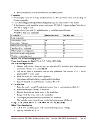 Reading	
  material,	
  SST	
  by	
  Dr.	
  Vishwanath	
  Koti,	
  Asst.	
  Professor,	
  UAS,	
  GKVK,	
  Bangalore-­‐65	
   Page	
  65	
  
	
  
• Small, broken and disease infected seeds should be rejected.
Processing
ü Processing by sieve size 9.50 (r) mm top screens and 4.0 (r) bottom screen with the help of
cleaner cum grader.
ü Seeds should be packed in polythene lined gunny bags and stacked on wooden pallets.
ü Before bagging, seeds should be treated with thiram 75%WP, 2.5g/kg of seed or Carbendazim
50% WP at 2g/kg of seed.
ü Dusting of seed bags with 5% Melathion dust to avoid bruchids infestation.
Prescribed field/seed standards
Particulars Foundation seed Certified seed
Seed Standards
Pure seed (%)(min) 98 98
Inert matter (%)(max) 2 2
Other crop seeds/ kg (max) 5 10
Weed seeds per kg (max) 5 10
Other variety seeds/ kg (max) 10 20
Germination percentage (min) 75 75
Moisture percentage (max) 9 9
Hybrid seed production in pigeonpea
Using Genetic male sterility (ICPH-8= MS Prabhat×ICPL 161)
B/S or F/S seed production
• Genetic male sterility lines (ms ms) are maintained by crossing with a heterozygous
maintainer (Ms ms) in an isolated field
• Sow the F1 seeds in an isolated plot and seed production field consists of 50 % sterile
plants and 50 % fertile plants
• Mark the fertile and sterile plants separately
• Allow open pollination between sterile and fertile plants
• Harvest the seeds of sterile line that constitute B/S or F/s
C/S production
• Raise the crop by using F/S seeds in an isolated field in planting ratio method (3:1)
• Here use fertile line (Ms Ms) as pollinator
• Identify the sterile and fertile plants in the female line
• Rouge out all the fertile plant in the female line
• Allow open pollination between sterile line and pollinator
• The seeds harvested on the female (sterile line) constitute certified seeds
Using CGMS system (ICPH 2671=ICPA/ICPB 2043 ×ICPR 2671)
BS or FS seed production
• A & B lines should be grown with recommended agronomic package
• Spacing should be 90×30 cm
 