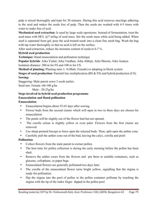 Reading	
  material,	
  SST	
  by	
  Dr.	
  Vishwanath	
  Koti,	
  Asst.	
  Professor,	
  UAS,	
  GKVK,	
  Bangalore-­‐65	
   Page	
  79	
  
	
  
pulp is mixed thoroughly and kept for 30 minutes. During this acid removes mucilage adhering
to the seed and makes the seeds free of pulp. Then the seeds are washed with 4-5 times with
water to make free of acid.
Mechanical seed extraction: Is used by large scale operations. Instead of fermentation, treat the
seed mass with HCL @7 ml/kg of seed mass. Stir the seeds mass while acid being added. When
seed is separated from gel, pour the acid treated seeds into a clean fine mesh bag. Wash the bag
with tap water thoroughly so that no acid is left on the surface.
After seed extraction, reduce the moisture content of seeds to 6-7 %.
Hybrid seed production
Technique: Hand emasculation and pollination technique
Popular hybrids: Arka Vishal, Arka Vardhan, Arka Abhijit, Arka Shresta, Arka Ananya
Isolation distance: 200 m for FS and 100 m for CS.
Method of planting: Planting ratio 1: 4 (Male: Female) or adopting in block system
Stages of seed production: Parental line multiplication (BS & FS) and hybrid production (CS).
Sowing:
Staggering: Male parent sown 3 week earlier.
Seed rate: Female -60-100 g/ha
Male - 20-25g/ha
Steps involved in hybrid seed production programme
Emasculation and Hand pollination
Emasculation
• Emasculation begins about 55-65 days after sowing.
• Flower buds from the second cluster which will open in two to three days are chosen for
emasculation
• The petals will be slightly out of the flower bud but not opened,
• The corolla colour is slightly yellow or even paler. Flowers from the first cluster are
removed
• Use sharp-pointed forceps to force open the selected buds. Then, split open the anther cone
• Carefully pull the anther cone out of the bud, leaving the calyx, corolla and pistil
Pollination
• Collect flowers from the male parent to extract pollen.
• The best time for pollen collection is during the early morning before the pollen has been
shed.
• Remove the anther cones from the flowers and put them in suitable containers, such as
glassine, cellophane, or paper bags
• Emasculated flowers are generally pollinated two days later.
• The corolla of the emasculated flower turns bright yellow, signalling that the stigma is
ready for pollination.
• Dip the stigma into the pool of pollen in the pollen container pollinate by touching the
stigma with the tip of the index finger dipped in the pollen pool
 