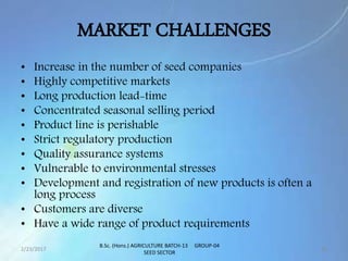 MARKET CHALLENGES
• Increase in the number of seed companies
• Highly competitive markets
• Long production lead-time
• Concentrated seasonal selling period
• Product line is perishable
• Strict regulatory production
• Quality assurance systems
• Vulnerable to environmental stresses
• Development and registration of new products is often a
long process
• Customers are diverse
• Have a wide range of product requirements
2/23/2017 15
B.Sc. (Hons.) AGRICULTURE BATCH-13 GROUP-04
SEED SECTOR
 