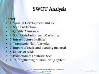 SWOT Analysis
Thrust
• 1. Varietal Development and PVP
• 2. Seed Production
• 3. Quality Assurance
• 4. Seed Distribution and Marketing.
• 5. Infrastructure facilities
• 6. Transgenic Plant Varieties
• 7. Import of seeds and planting material
• 8. Export of seeds
• 9. Promotion of Domestic Seed
• 10. Strengthening of monitoring system
2/23/2017 28
B.Sc. (Hons.) AGRICULTURE BATCH-13 GROUP-04
SEED SECTOR
 