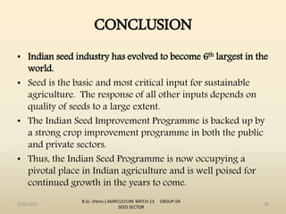 CONCLUSION
• Indian seed industry has evolved to become 6th largest in the
world.
• Seed is the basic and most critical input for sustainable
agriculture. The response of all other inputs depends on
quality of seeds to a large extent.
• The Indian Seed Improvement Programme is backed up by
a strong crop improvement programme in both the public
and private sectors.
• Thus, the Indian Seed Programme is now occupying a
pivotal place in Indian agriculture and is well poised for
continued growth in the years to come.
2/23/2017 30
B.Sc. (Hons.) AGRICULTURE BATCH-13 GROUP-04
SEED SECTOR
 