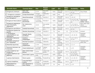4 
I Scientific Name Common Name Size Flower/ season Light** Soil Water Zone+ Availability Notes 
X 
Eriogonum cinereum 
Ashy-leaf Buckwheat 
2-5 ft 
Pink-wht/ 
Sp-F 
FS/PS 
Any well- drained 
1 to 2-3 
1, 2, 3, 10, 13, 14, 16 
Gray foliage 
X 
* Eriogonum crocatum 
Conejo Buckwheat 
1 ft tall 
1-3 ft wide 
Yellow/Sp- Su 
FS/PS 
any 
1 to 1-2 
1, 3, 8, 12, 14, 19 
X 
Eriogonum elongatum var. elongatum 
Wand Buckwheat 
3-6 ft tall 
1-2 ft wide 
Pink/Su-F 
FS 
Any well- drained 
1 to 1-2 
1, 8, 12 
X 
Eriogonum fasciculatum 
California Buckwheat 
1-3 ft tall 
3-6 ft wide 
Pink/Sp-F 
FS/PS 
Any well- drained 
1 to 1-2 
1, 2, 3, 7, 10, 13, 14, 16, 18, 19 
'Dana Point' tight, compact; ‘Bruce Dickinson’ - prostrate 
X 
Eriogonum giganteum vars. formosum, giganteum 
St. Catherine’s Lace 
3-6 ft 
Pink-white/ 
Su 
FS/PS 
Any well- drained 
1 to 1-2 
1, 3, 5, 8, 9, 13, 14, 16, 19 
Don’t plant near native buckwheats 
X 
Eriogonum parvifolium 
Coastal Buckwheat 
2-4 ft 
Pink-creme/ 
Su + 
FS/PS/ 
FSH 
Any well- drained 
1 to 1-2 
1, 2, 3, 10, 13, 14, 16 
Eriogonum gracile var. gracile 
Slender Buckwheat 
1-3 ft tall 
Pink/Su-F 
FS 
any 
1-2 
10, 16 (?var) 
unusual 
* Eriophyllum staechadifolium var. depressum 
Seaside Wooly Sunflower 
1-2 ft tall 
2-3 ft wide 
Yellow/Su-F 
FS 
Any well- drained 
1-2 to 2-3 
1, 8, 10, 16 
Tolerates seaside conditions 
X 
Gambelia (Galvezia) speciosa 
Catalina Snapdragon 
2-4 ft tall 
Red/Sp + 
FS/PS 
Well- drained 
1 to 1-2 
1, 3, 7, 8, 9, 13, 14 
X 
Grindelia camporum var. bracteosa 
Bracted Gumplant 
2-4 ft tall 
2-3 ft wide 
Yellow/Su 
Fs 
Well- drained 
1 to 1-2 
1, 2, 6, 12, 16 
Tolerates salty, alkali soils 
X 
Hazardia squarrosa 
Sawtooth Goldenbush 
1-3 ft 
Yellow/Su-F 
FS 
Any well- drained 
1 to 1-2 
1, 2, 13 
X 
Isocoma menziesii var. menziesii 
Coast Goldenbush 
1-3 ft tall and wide 
Yellow/ 
Su-F 
FS 
Any 
1-2 
1, 14 
Tolerates seaside conditions 
X 
Lotus scoparius var. scoparius 
Deer Vetch/ Deer Broom 
3-5 ft 
Yellow-red/ 
Sp-Su 
FS 
Any well- drained 
1 to 1-2 
1, 2, 3, 10, 13, 14, 16, 18 
X 
Lupinus albifrons var. albifrons 
Silver Bush Lupine 
3-4 ft tall & wide 
Purple/Sp 
FS/PS 
Well- drained 
1-2 
1, 3, 7, 8, 10, 13, 16, 19 ? var 
Lupinus chamissonis 
Dune Lupine 
3-4 ft tall 
4-6 ft wide 
Purple/W-Sp 
FS 
Sandy best 
1 to 1-2 
1, 2, 10, 14 
Tolerates seaside conditions 
X 
Lupinus longifolius 
Long-leaf Bush Lupine 
To 5 ft tall & wide 
Purple/Sp 
FS/PS 
Well- drained 
1 to 1-2 
3, 10, 12, 13, 16 
X 
Malacothamnus clementinus 
San Clemente Is. Bush Mallow 
2-4 ft tall 
to 8 ft wide 
Light pink/ Sp 
FS 
Any 
1 to 1-2 
1, 13 
 