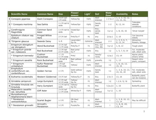 7 
I Scientific Name Common Name Size Flower/ season Light** Soil Water Zone+ Availability Notes 
X 
Coreopsis gigantea 
Giant Coreopsis 
3-8 ft tall 
3 ft wide 
Yellow/Sp 
FS/PS 
Well- drained 
1-2 to 2 
1, 2, 3, 10, 12, 13, 14, 16, 
X 
* Coreopsis maritima 
Sea Dahlia 
1-2 ft tall & wide 
Yellow/Spr 
FS/PS 
Sandy best 
1-2 
8, 13, 14 
Tolerates seaside conditions 
X 
Corethrogyne filaginifolia 
Common Sand Aster 
1-4 ft tall & wide 
Violet/Spr- Su 
FS/PS 
Any; sandy best 
1 to 1-2 
1, 8, 10, 16 
‘Silver Carpet’ 
Epilobium ciliatum ssp. ciliatum 
Fringed Willow Herb 
2-5 ft tall 
Pink/Su-F 
PS 
any 
2-3 to 3 
2, 10 
Can become weedy 
X 
*Erigeron glaucus 
Seaside Daisy 
½ ft 
Lavernder/ 
Sp-Fa 
FS/PS/FSH 
Well- drained 
2-3 
1, 3, 5, 6, 7, 9, 13, 14 
Attractive flowers, foliage 
Eriogonum elongatum var elongatum 
Wand Buckwheat 
3-5 ft tall 
1-2 ft wide 
Pink/Su-F 
FS 
Any, incl clay, Alk. 
1 to 1-2 
1, 8, 12 
Tough plant 
X 
* Eriogonum grande var. rubescens 
Red Buckwheat 
1-2 ft tall 
2-4 ft wide 
Red-pink/ 
Su-F 
FS/PS 
Any 
1-2 
1, 5, 7, 8, 14 
Tol. moderate salt, alkali soils 
* Eriogonum kennedyi 
Cushion Buckwheat 
< 1 ft 
1-3 ft wide 
Pink/ 
FS 
Sandy/ 
rocky 
1-2 to 2 
13, 14 
Alpine plant; silvery-white 
* Eriogonum saxatile 
Rock Buckwheat 
1 ft tall & wide 
Red-yellow/ Su 
FS/PS 
gravelly 
1-2 
1, 13 
Desert mtns plant; compact 
* Eriogonum umbellatum 
Sulfur-flowered Buckwheat 
1 ft tall 
3 ft wide 
Yellow/ 
FS/PS 
Well- drained 
1-2 
1, 8, 10, 13, 14, 16 
X 
Eriophyllum confertiflorum var. confertiflorum 
Golden Yarrow 
1-3 ft 
Gold-yellow/ Sp-Su 
FS/PS 
Sandy best 
1-2 
1, 3, 6, 10, 13, 14, 16, 18 
Tol. moderate salt, alkali soils 
X 
Euthamia occidentalis 
Western Goldenrod 
3-6 ft tall 
Yellow/Su-F 
FS 
Any 
2 to 3 
13, 16 
Butterfly plant; can be invasive 
X 
Grindelia camporum 
Large Gumplant 
2-3 ft tall 
3-5 ft wide 
Yellow/ 
Sp-Fa 
FS 
Well- drained 
1-2 
1, 2, 6, 12, 16 
Spreading 
X 
Grindelia hirsutula var. hirsutula 
Hairy Gumplant 
1-2 ft tall & wide 
Yellow/ 
Sp-Su 
FS 
Any 
1-2 to 2-3 
1, 10 
Butterfly plant 
X 
Malacothrix saxatilis var. tenuifolia 
Cliff Aster 
2-4 ft tall 
1-3 ft wide 
White/Sp-F 
FS/PS 
Well- drained 
1 to 1-2 
1, 10 
X 
Munzothamnus/ Stephanomeria blairii 
* Penstemon centranthifolius 
Scarlet Bugler 
1-3 ft 
OR-Red/ 
Sp-Su 
FS 
Well- drained 
1 
1, 3, 8, 10, 12, 13, 14 
May be difficult 
X 
* Penstemon grinnellii 
Grinnell’s Penstemon 
1-2 ft 
Purple/Su 
FS 
Well- drained 
1 
1, 6, 8, 10, 13, 14 
 