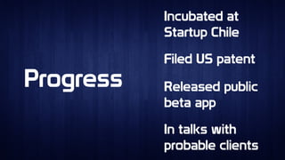 ProgressProgress
Filed US patentFiled US patent
Released public
beta app
Released public
beta app
In talks with
probable clients
In talks with
probable clients
Incubated at
Startup Chile
Incubated at
Startup Chile
 