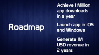 RoadmapRoadmap
Achieve 1 Million
app downloads
in a year
Achieve 1 Million
app downloads
in a year
Launch app in iOS
and Windows
Launch app in iOS
and Windows
Generate 1M
USD revenue in
2 years
Generate 1M
USD revenue in
2 years
 