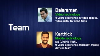 TeamTeam
BalaramanBalaraman
Video technologyVideo technology
4 years experience in video codecs,
video editor for short-films
4 years experience in video codecs,
video editor for short-films
KarthickKarthick
Mobile technologyMobile technology
MS (Virginia Tech),
9 years experience, Microsoft mobile
devices team
MS (Virginia Tech),
9 years experience, Microsoft mobile
devices team
 