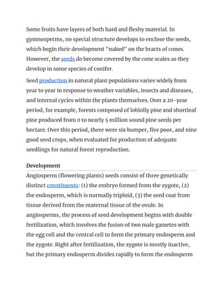 Some fruits have layers of both hard and fleshy material. In 
gymnosperms, no special structure develops to enclose the seeds, 
which begin their development "naked" on the bracts of cones. 
However, the ​seeds ​do become covered by the cone scales as they 
develop in some species of conifer. 
Seed ​production ​in natural plant populations varies widely from 
year to year in response to weather variables, insects and diseases, 
and internal cycles within the plants themselves. Over a 20-year 
period, for example, forests composed of ​l​oblolly pine and shortleaf 
pine produced from 0 to nearly 5 million sound pine seeds per 
hectare. Over this period, there were six bumper, five poor, and nine 
good seed crops, when evaluated for production of adequate 
seedlings for natural forest reproduction. 
Development  
Angiosperm (flowering plants) seeds consist of three genetically 
distinct ​constituents​: (1) the embryo formed from the zygote, (2) 
the endosperm, which is normally triploid, (3) the seed coat from 
tissue derived from the maternal tissue of the ovule. In 
angiosperms, the process of seed development begins with double 
fertilization, which involves the fusion of two male gametes with 
the egg cell and the central cell to form the primary endosperm and 
the zygote. Right after fertilization, the zygote is mostly inactive, 
but the primary endosperm divides rapidly to form the endosperm 
 