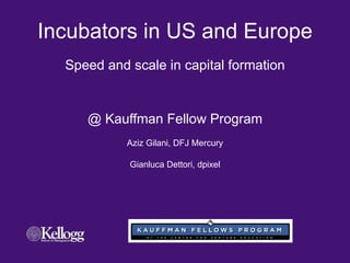 Incubators in US and Europe Speed and scale in capital formation @ Kauffman Fellow Program Aziz Gilani, DFJ Mercury Gianluca Dettori, dpixel 