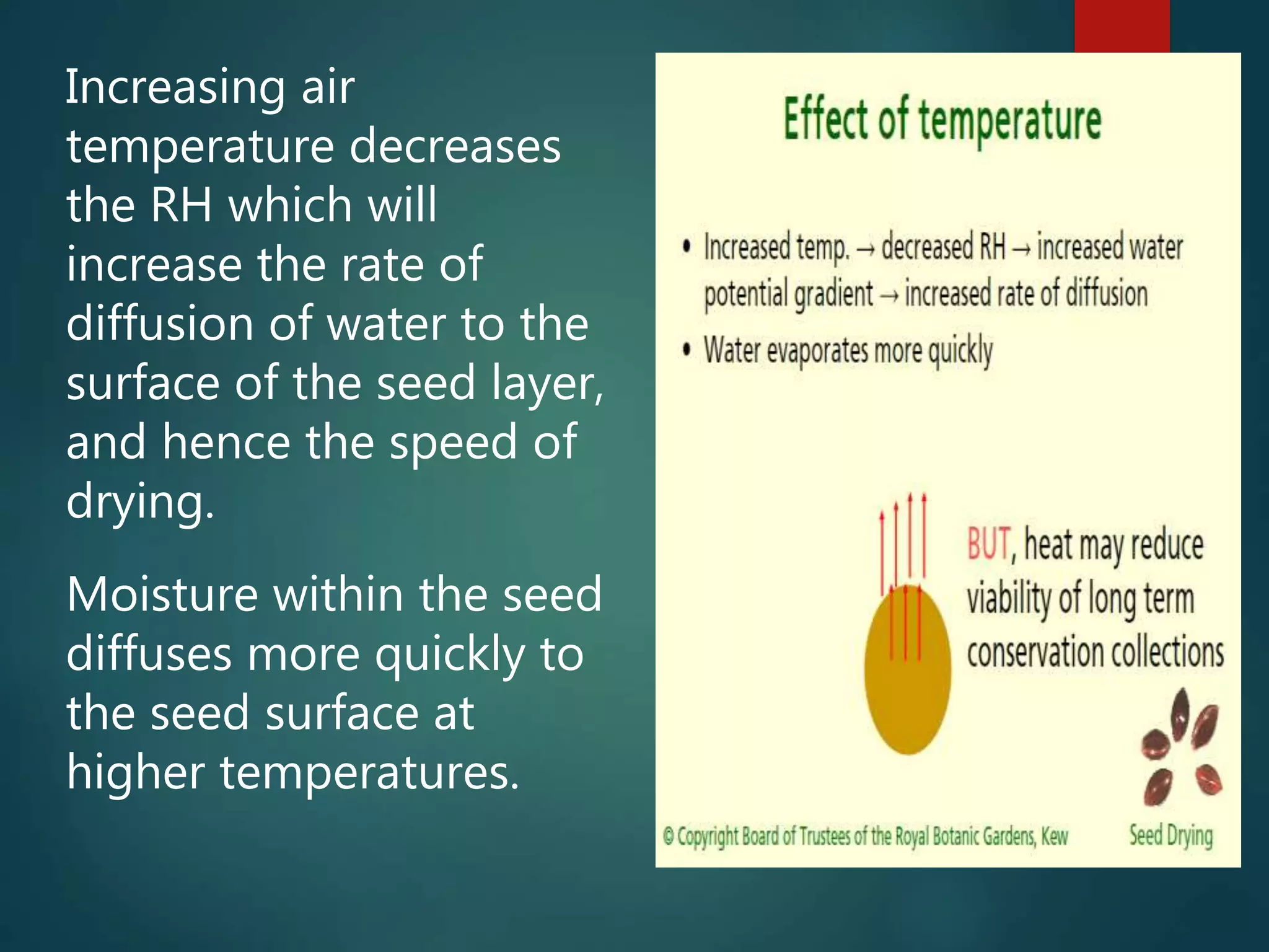 Increasing air
temperature decreases
the RH which will
increase the rate of
diffusion of water to the
surface of the seed layer,
and hence the speed of
drying.
Moisture within the seed
diffuses more quickly to
the seed surface at
higher temperatures.
 